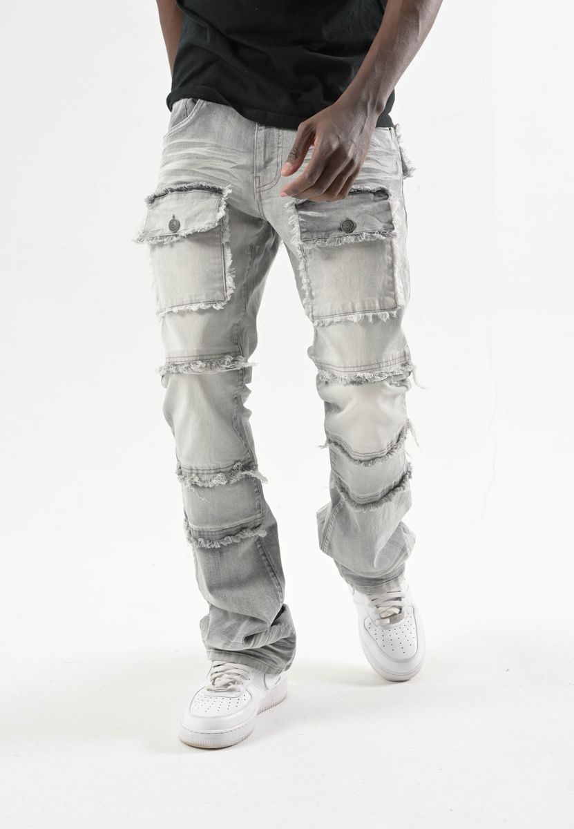 Stretch Stack Denim & Twill Pants With Frayed Pocket/Patch