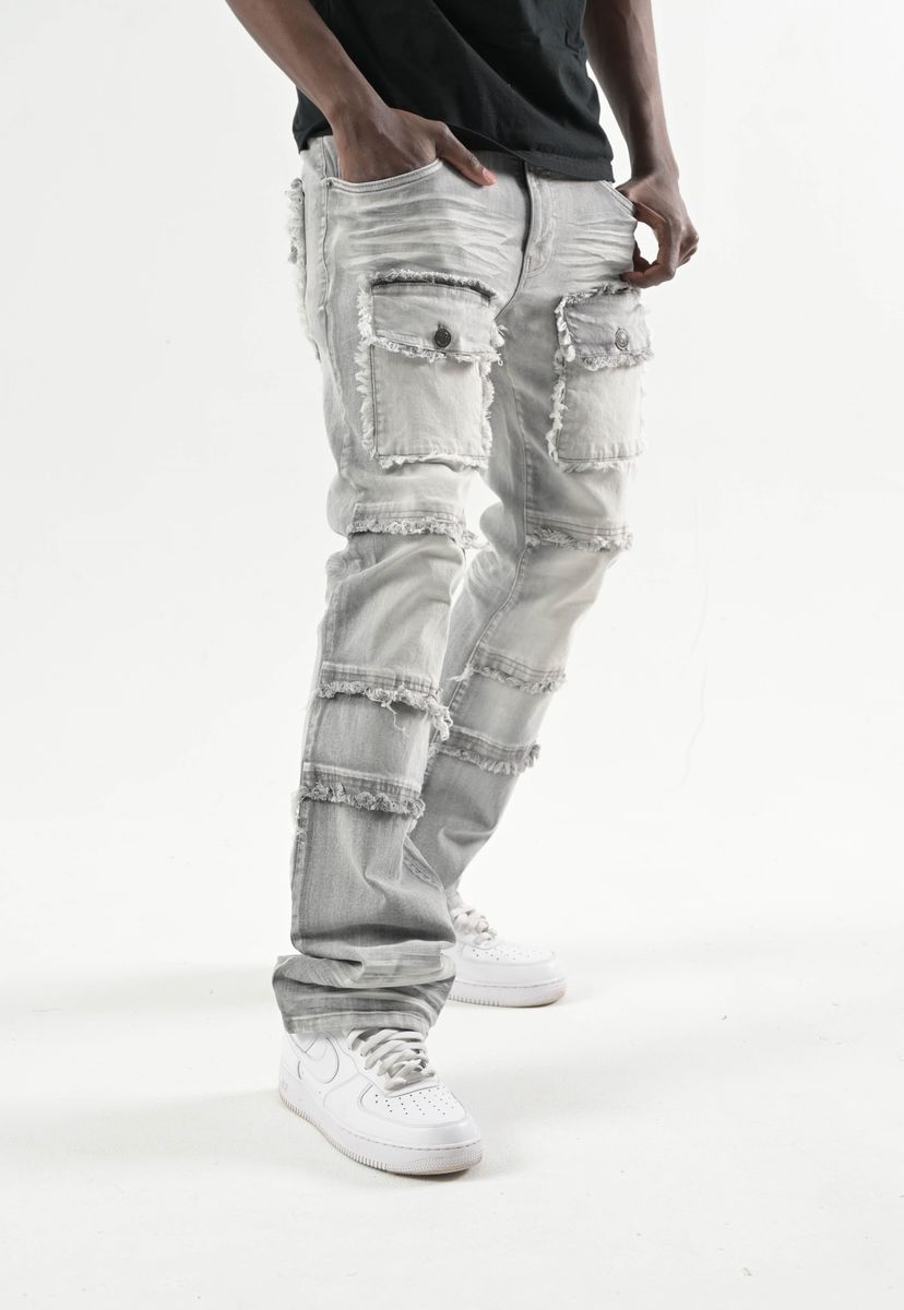 Stretch Stack Denim & Twill Pants With Frayed Pocket/Patch