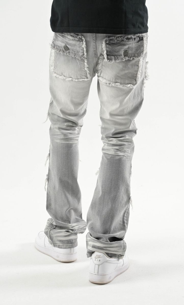 Stretch Stack Denim & Twill Pants With Frayed Pocket/Patch