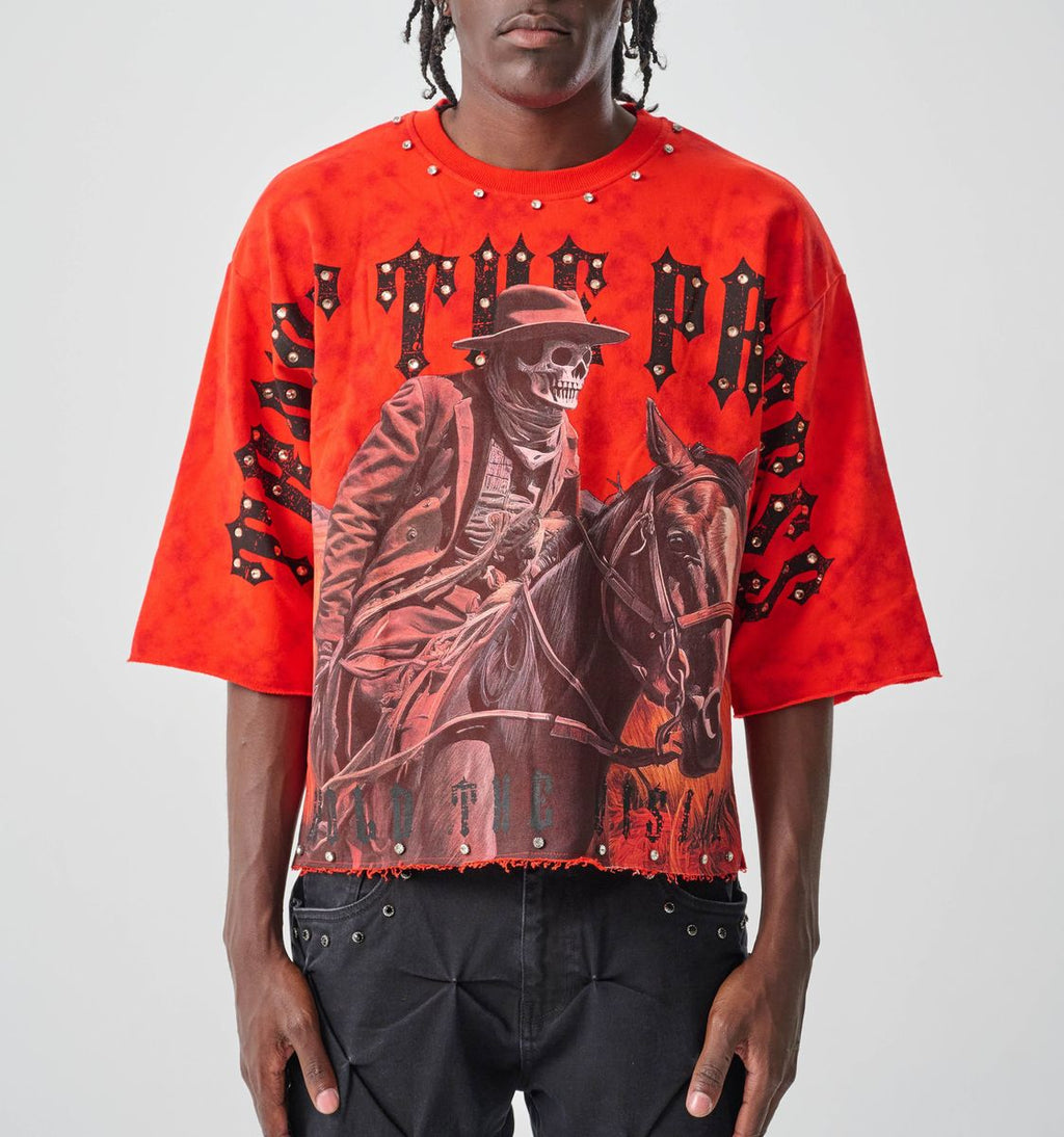 CROPPED T-SHIRT WITH RHINESTONES - RED