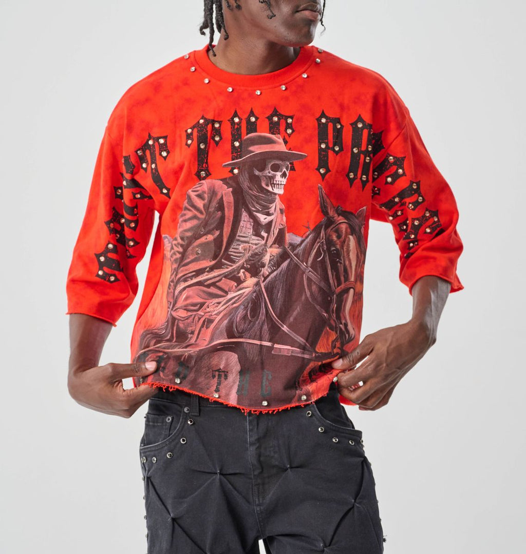 CROPPED T-SHIRT WITH RHINESTONES - RED