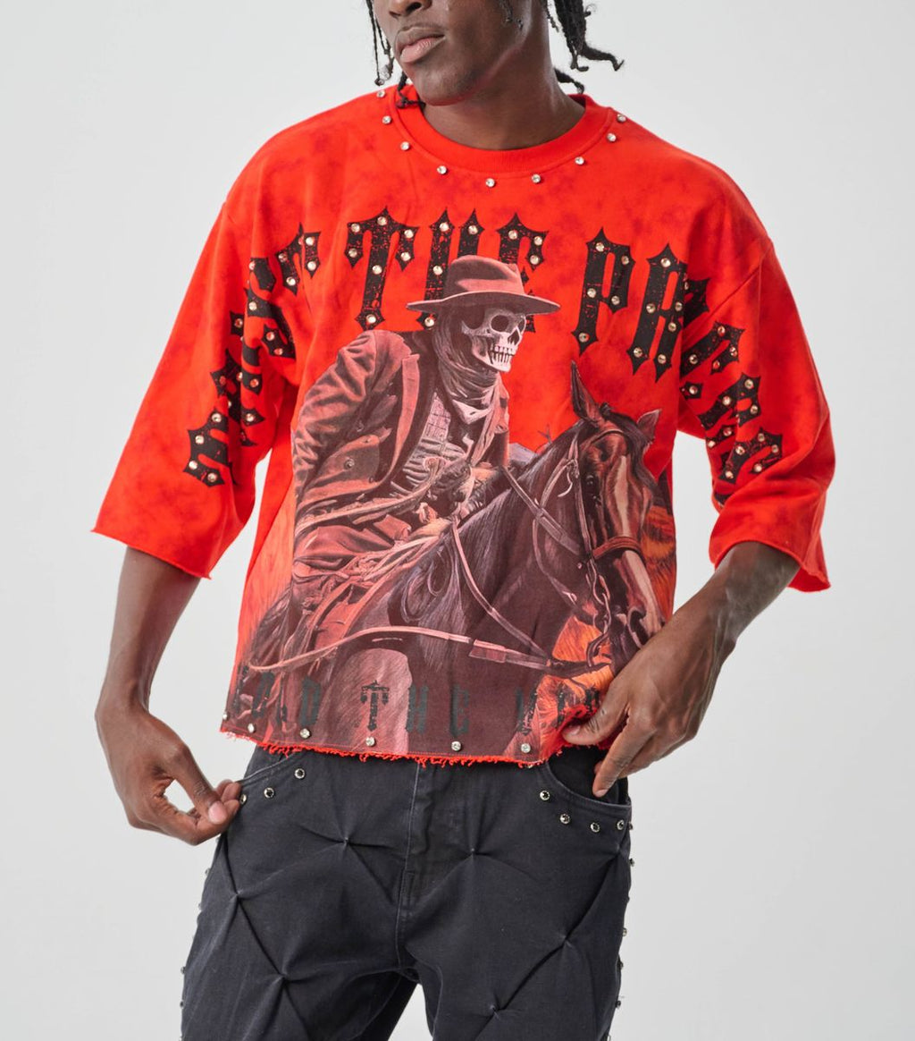 CROPPED T-SHIRT WITH RHINESTONES - RED